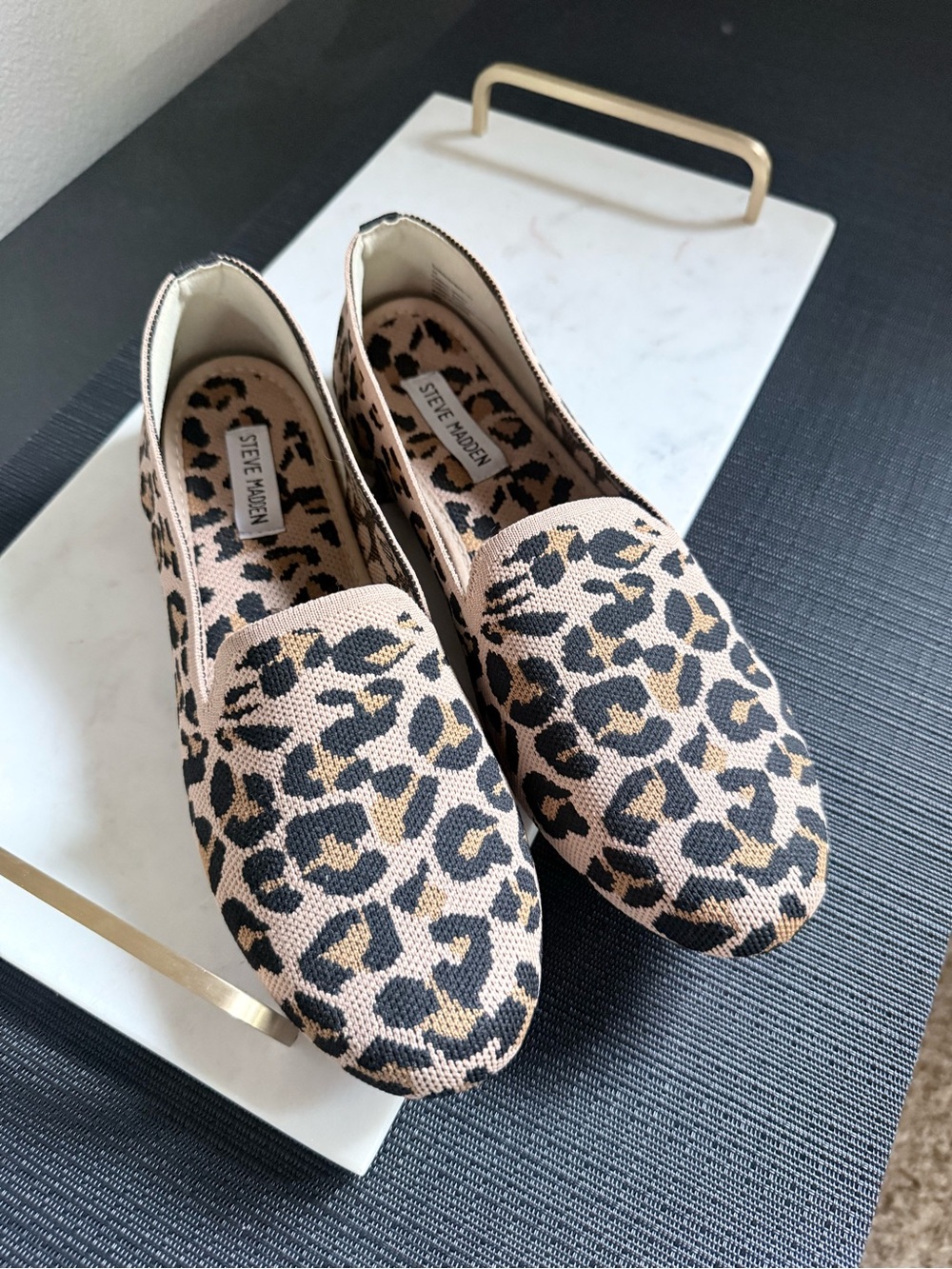 Steve Madden Leopard-Print Knit Slip-On Flats in Beige Brown and Black
